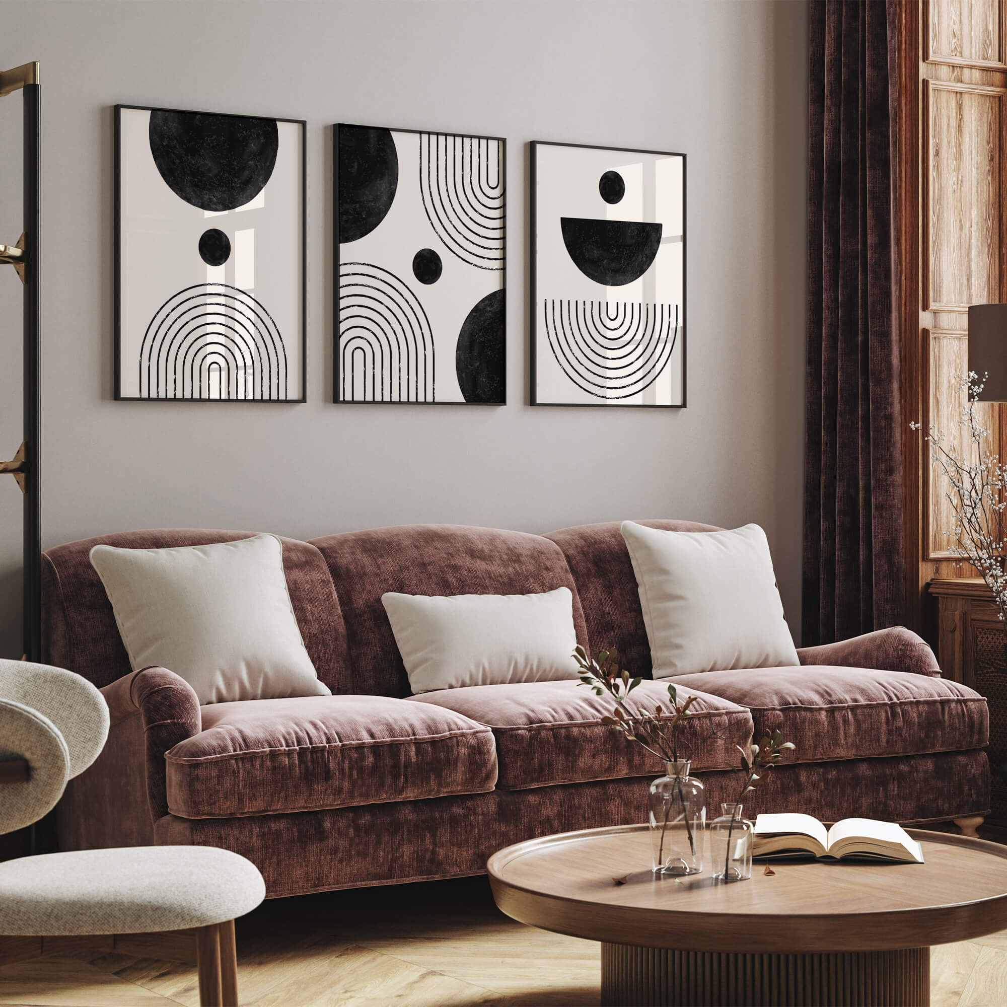 Modern Wall Gallery with 3 posters designed by Postenio creative team. Living room decor ideas 2024.